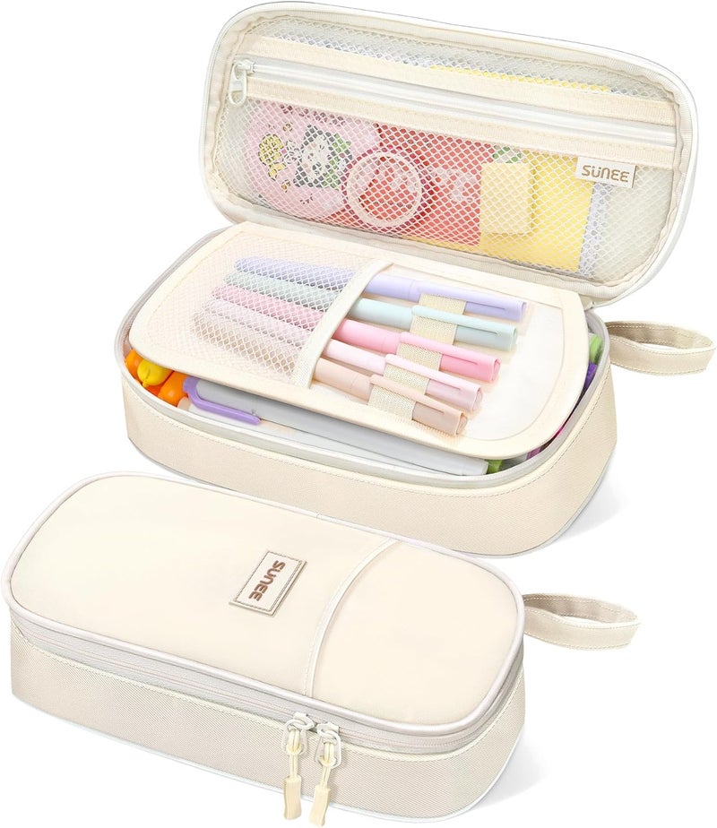 SUNEE Cute Pencil Case, Aesthetic Pen Pouch, Colored Large Pencil Bag with Zipper, Kawaii Stationery Storage and Organizer, School Supplies for Teen and Adult Girls, Beige - Image 1